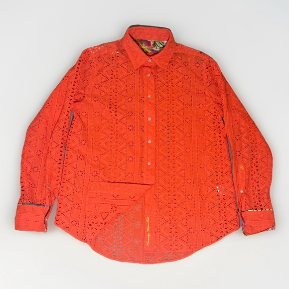 Robert Graham L Woman Orange Coral Eyelet Button Down Shirt Long Sleeve Summer - Picture 1 of 10